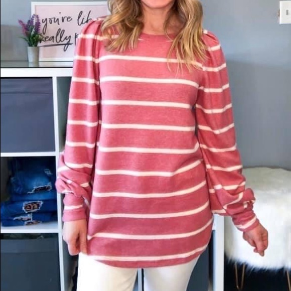 Puff Sleeve Pink Striped Top - Picture 1 of 3